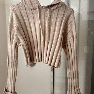 Cream/Beige Cropped Ribbed Knit Hoodie Sweater